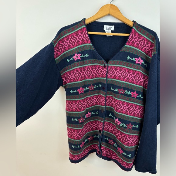 VINTAGE Kari cardigan burgundy, pink and navy with embroidered flowers - Picture 2 of 3